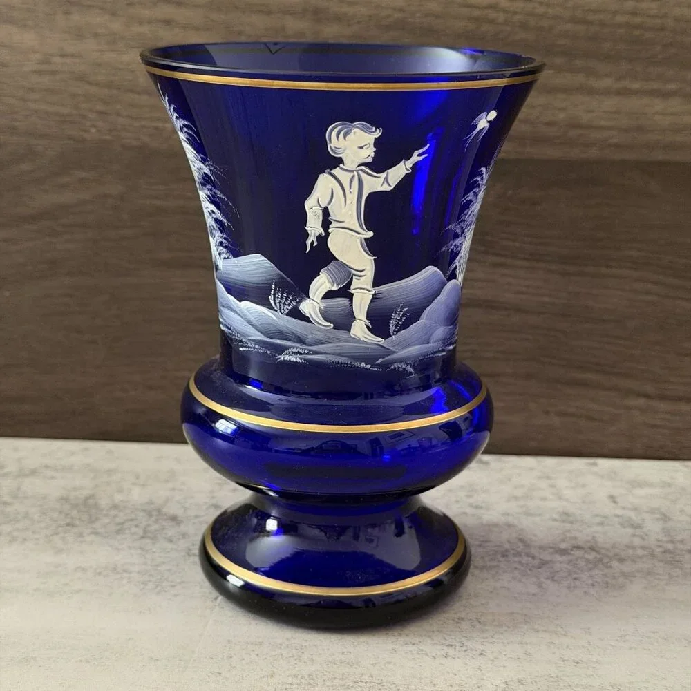 Antique Mary Gregory Cobalt Blue White Enamel Hand Painted Child Glass Vase 8